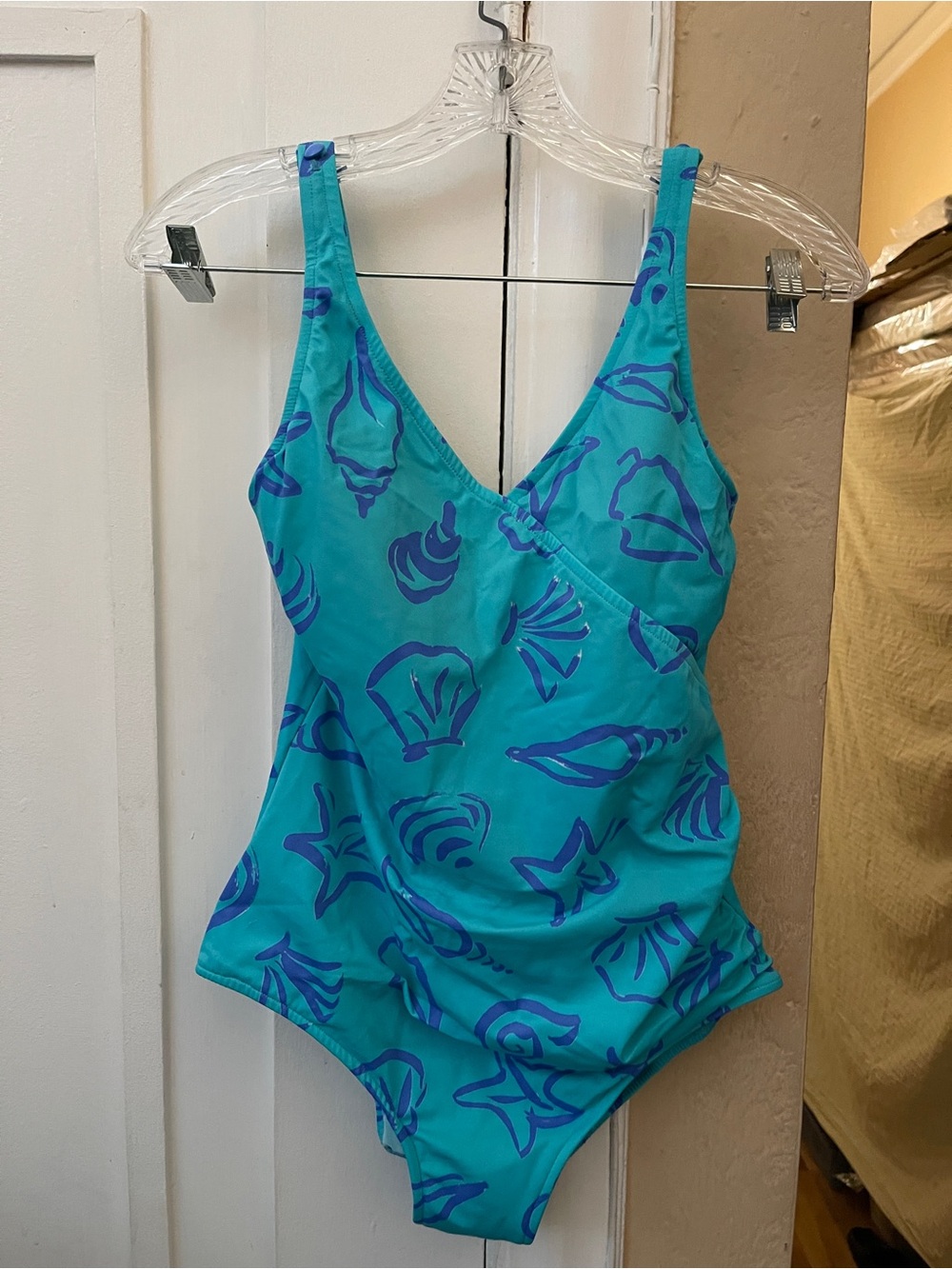 Womens  One-Piece Swimsuit  - Aqua with Blue Shell Print NWOT